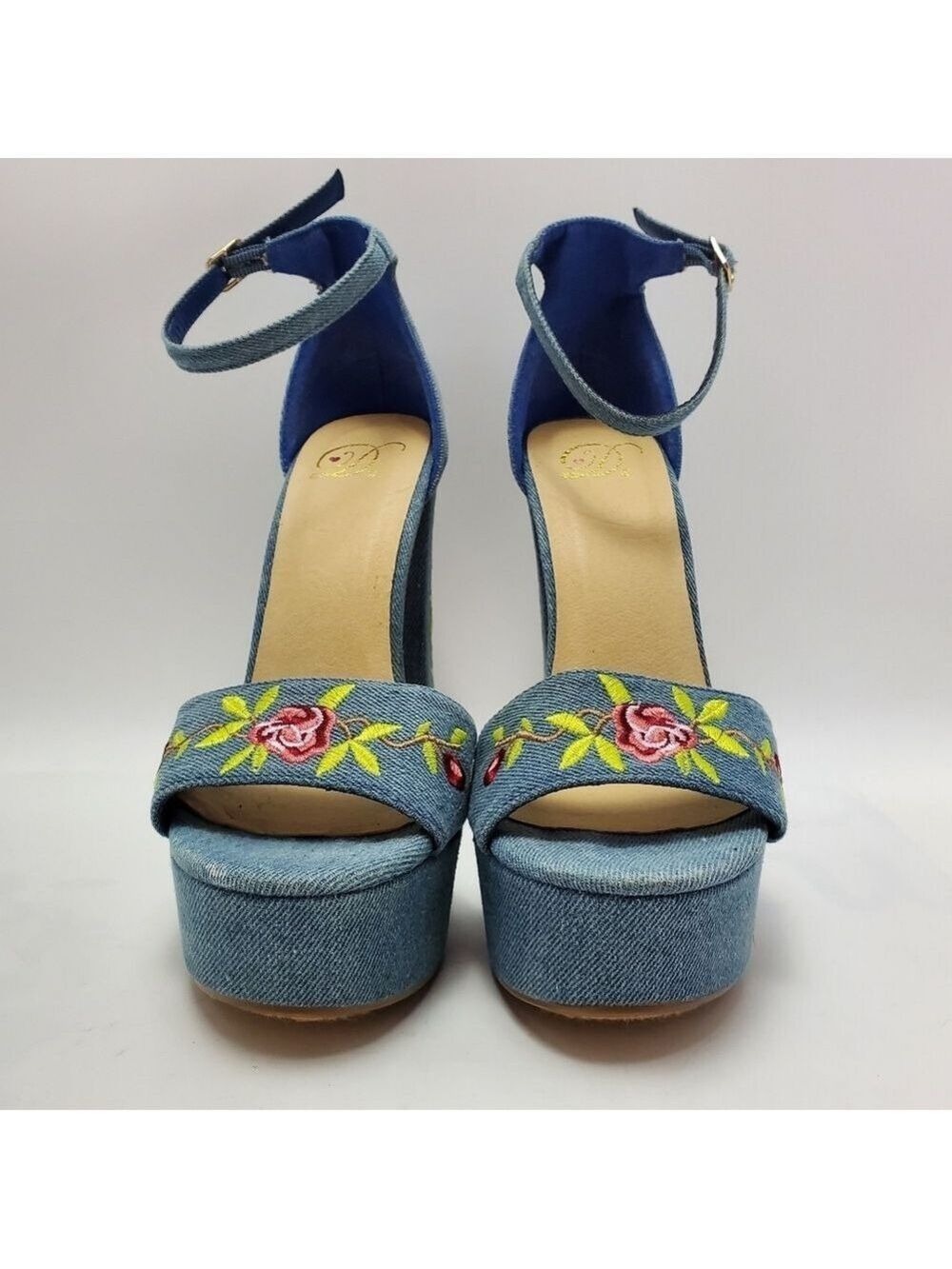 Heart in D Blue Denim Floral Embroidered Platform Heels Sandals Size 8 - Picture 9 of 12